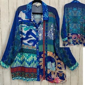 John Mark Shirt Top Women 2X Mixed  Print Button Up Geometric Print Blue NWT